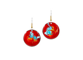 Red earrings with colorful horse designs on a white background