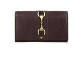 Brown leather wallet with gold snaffle clasp on a white background