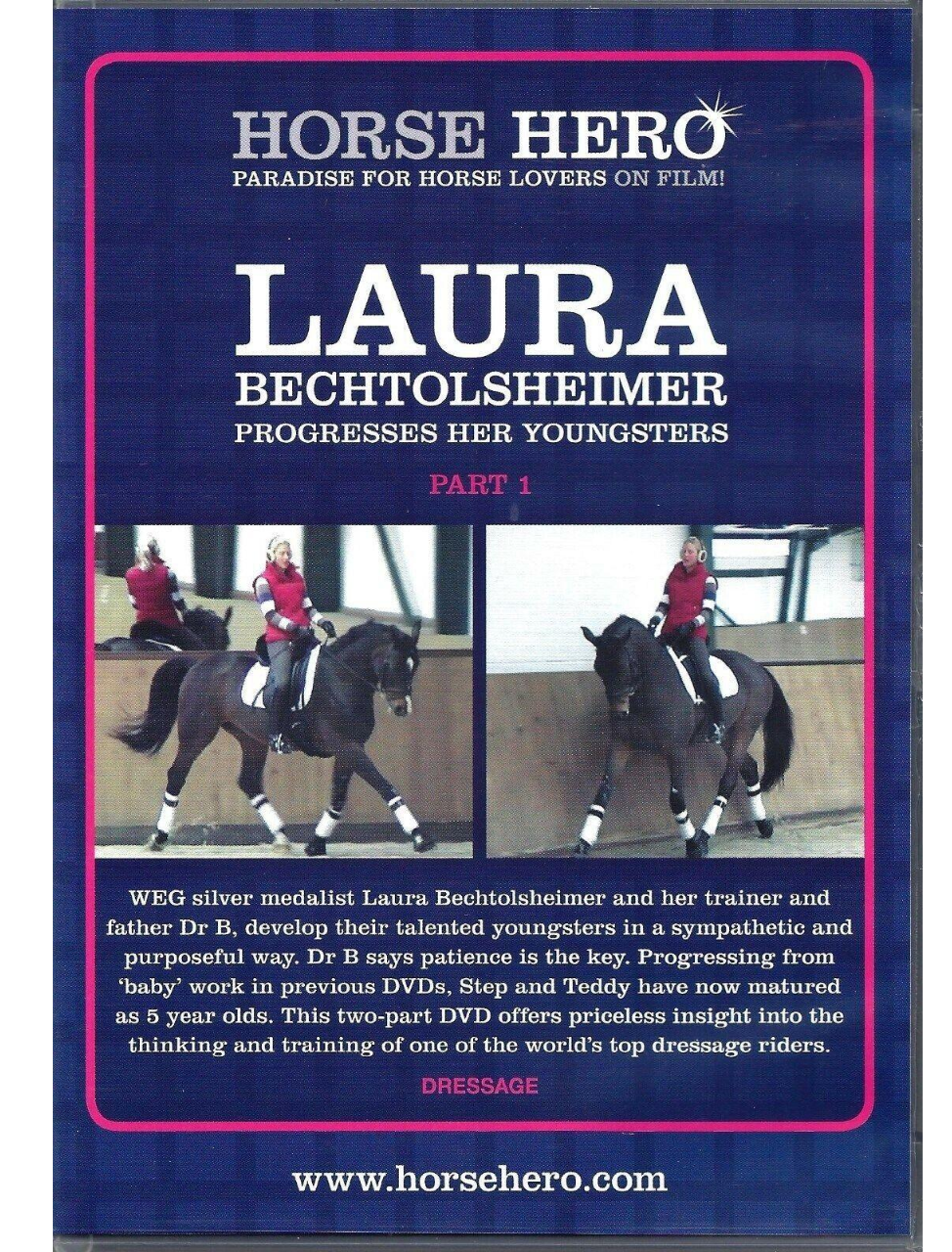 Cover of the DVD titled 'LAURA B PRGRESSES HER YOUNGSTERS VOL 1' featuring images of a dressage rider on horseback and text detailing the content of the DVD.