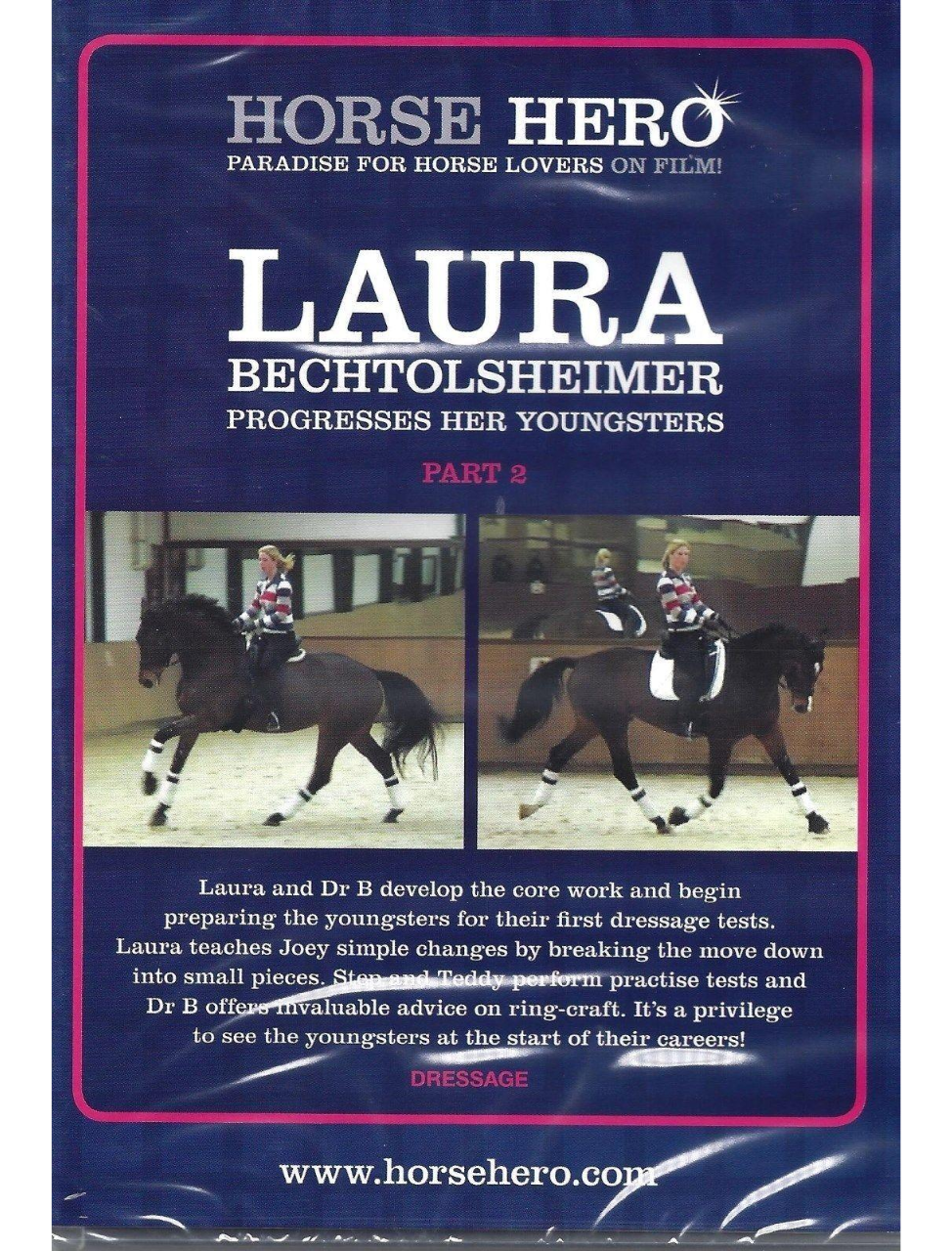 DVD cover featuring images of a horse and rider in motion, with text detailing the content of the DVD featuring Laura Bechtolsheimer.
