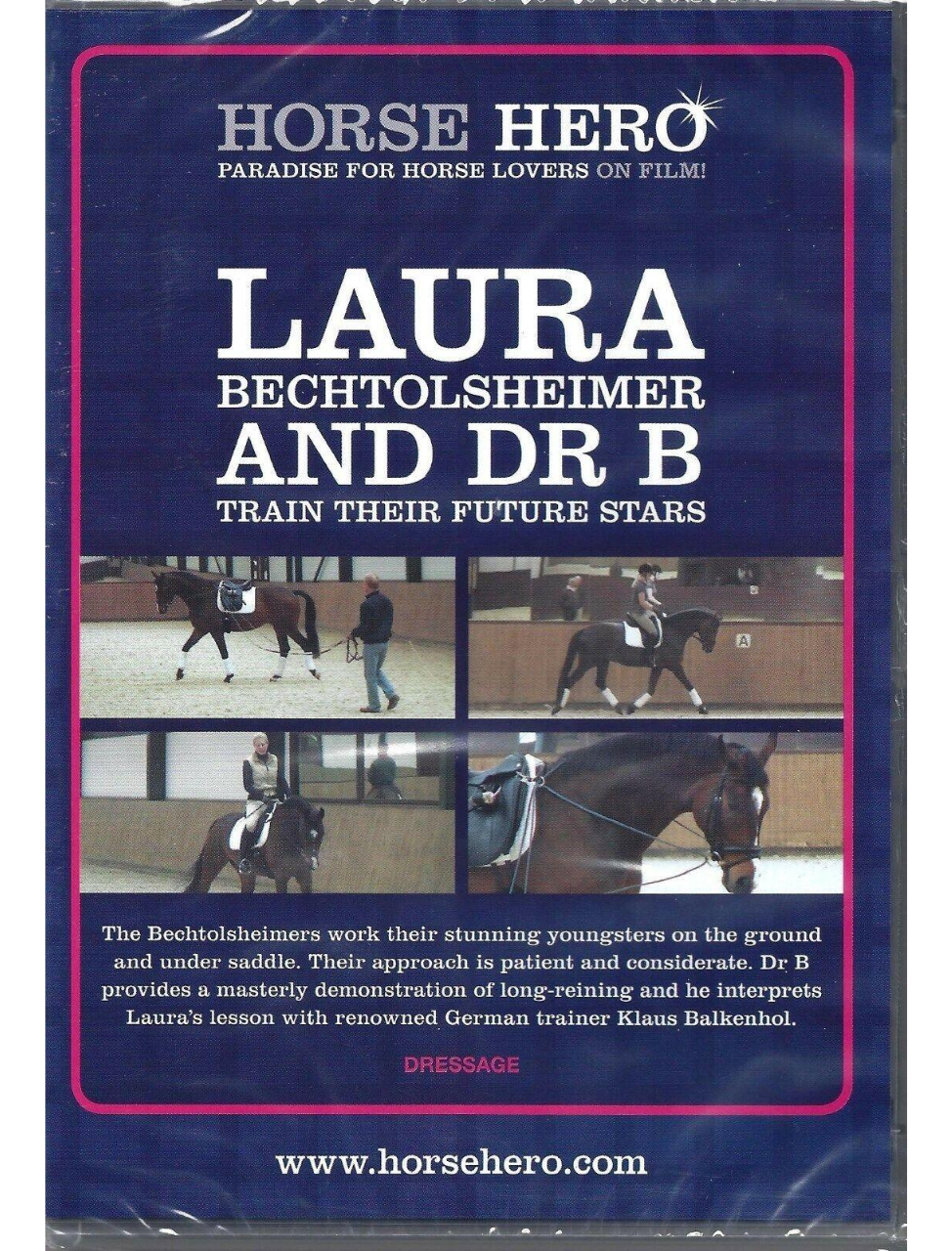 Cover of the DVD titled 'LAURA B AND DR B TRAIN THEIR FUTURE STARS' showing images of a horse and rider in motion, with the Horse Hero logo and website address.