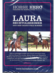 Cover of the DVD 'LAURA BECHTOLSHEIMER AND HER GRAND PRIX HORSES' featuring images of an equestrian rider on horseback, with a title and logo.