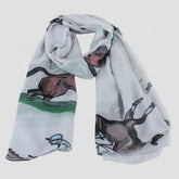 A light grey chiffon scarf with a racing design, including artwork of horses and a landscape.