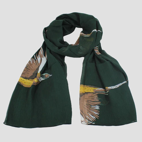 A green chiffon scarf with a pheasant design spread out on a plain surface.