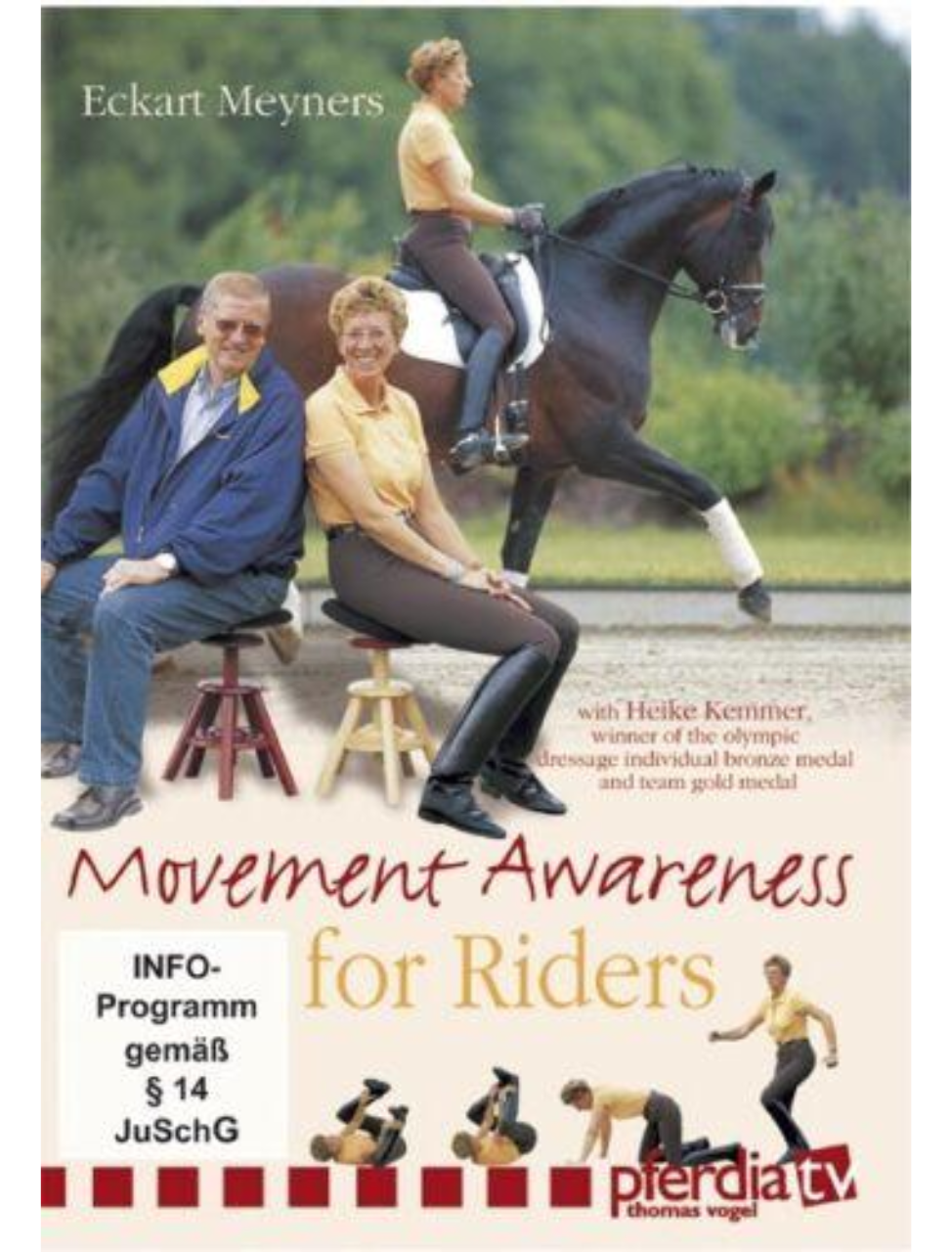 Cover of the DVD titled 'Movement Awareness for Riders' featuring images of a rider on a horse, a man sitting, and a dog, with the DVD title and additional text.