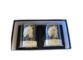 Two pewter whisky glasses with horse head designs, presented in a gift box.