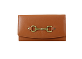 Brown leather wallet with gold buckle on a white background
