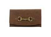 Hunter leather sadie purse with brass snaffle on a white background