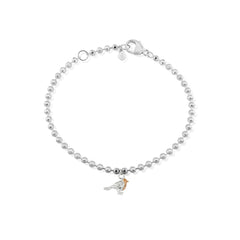 A sterling silver bracelet with small beads, featuring a rose gold beaded chain and a small charm of a robin breast, presented against a white background.
