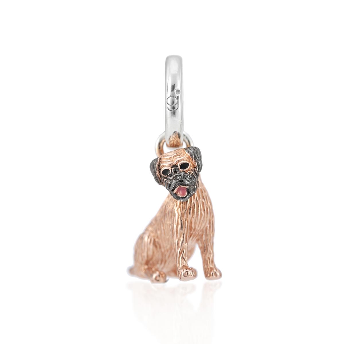 Sterling silver charm featuring a Border Terrier with rose gold vermeil detailing and an enamel pink tongue.
