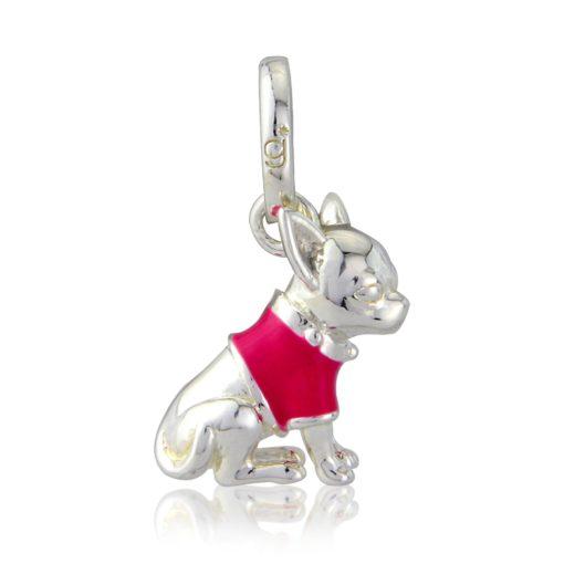 Sterling silver charm depicting a Chihuahua dog with pink enamel detail.