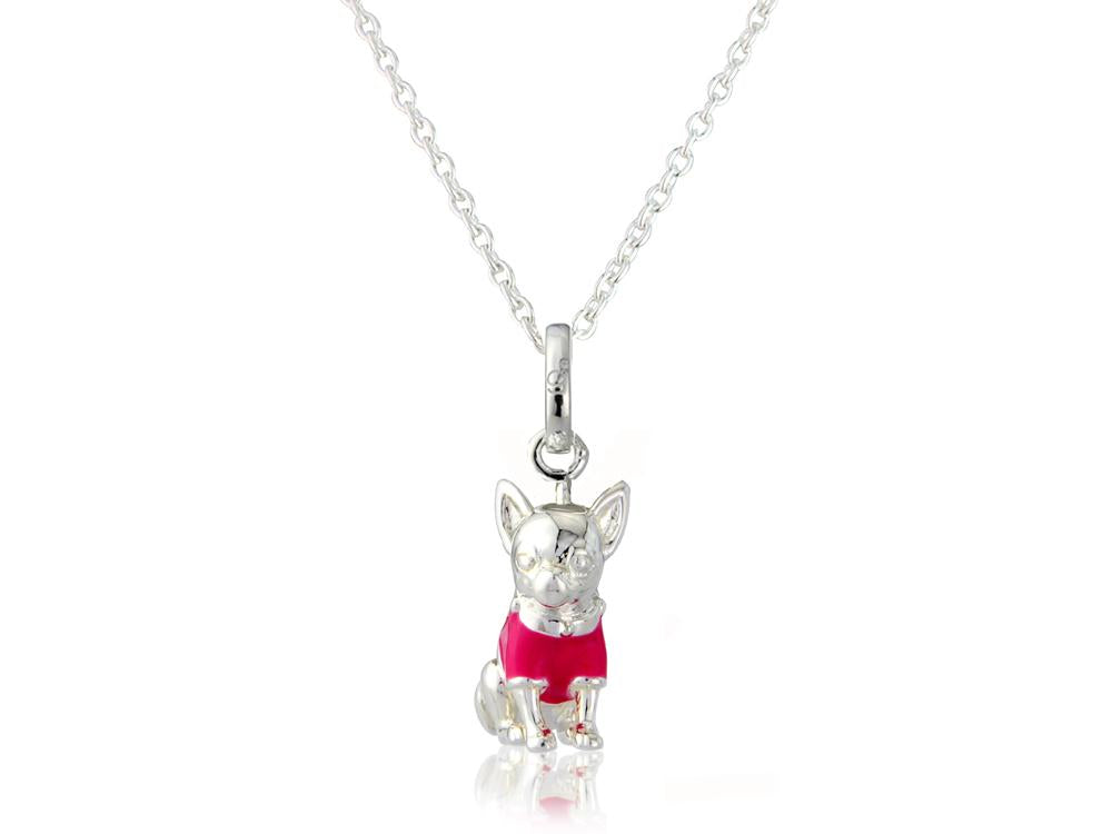 Sterling silver pendant in the shape of a Chihuahua dog with pink enamel detail on the collar, attached to a silver chain.