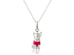 Sterling silver pendant in the shape of a Chihuahua dog with pink enamel detail on the collar, attached to a silver chain.