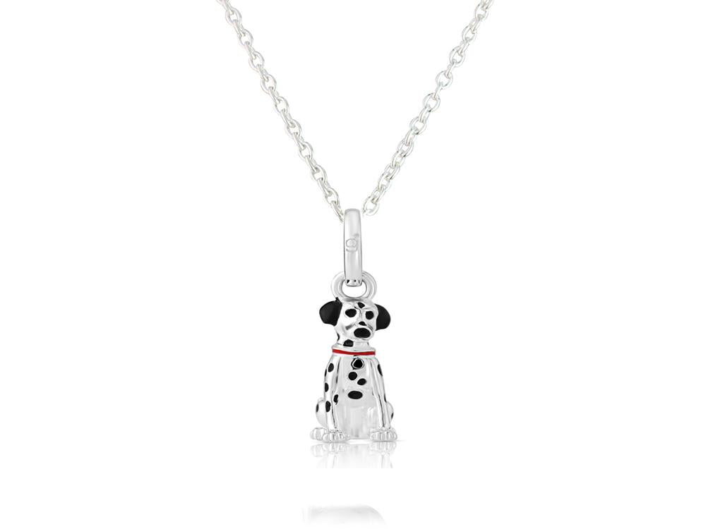 A sterling silver Dalmatian dog pendant with black enamel spots and a red enamel collar on a silver chain.