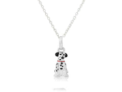 A sterling silver Dalmatian dog pendant with black enamel spots and a red enamel collar on a silver chain.