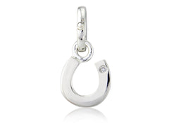 A sterling silver horseshoe charm with a small diamond in the center, attached to a loop on top for a chain or bracelet.