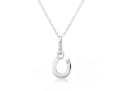 A sterling silver horseshoe pendant with a round diamond in the center, attached to a silver chain.