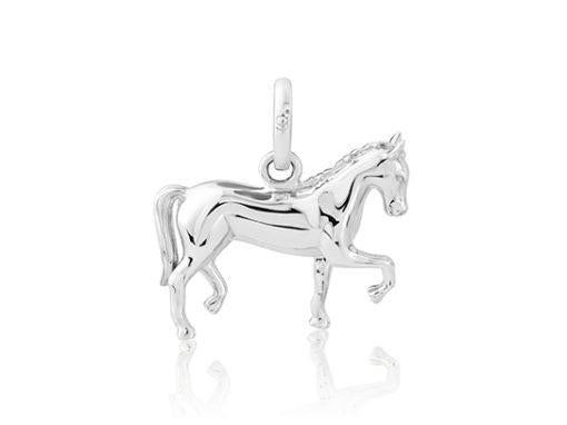 A sterling silver charm depicting a dressage horse in movement.