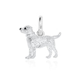 Silver dog charm on a white background