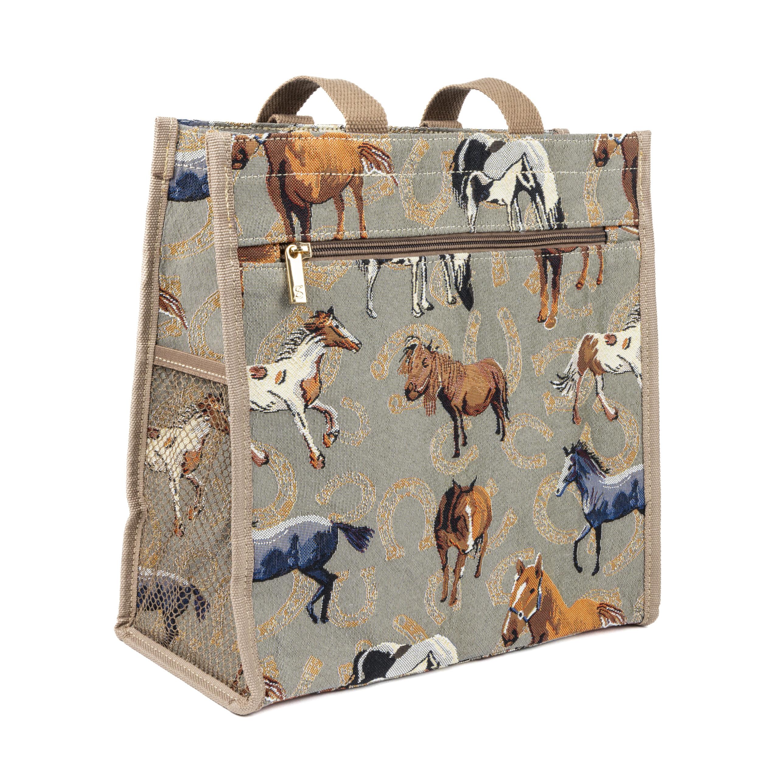 A polyester shopper bag featuring a tapestry design with various horses in a brown color palette.
