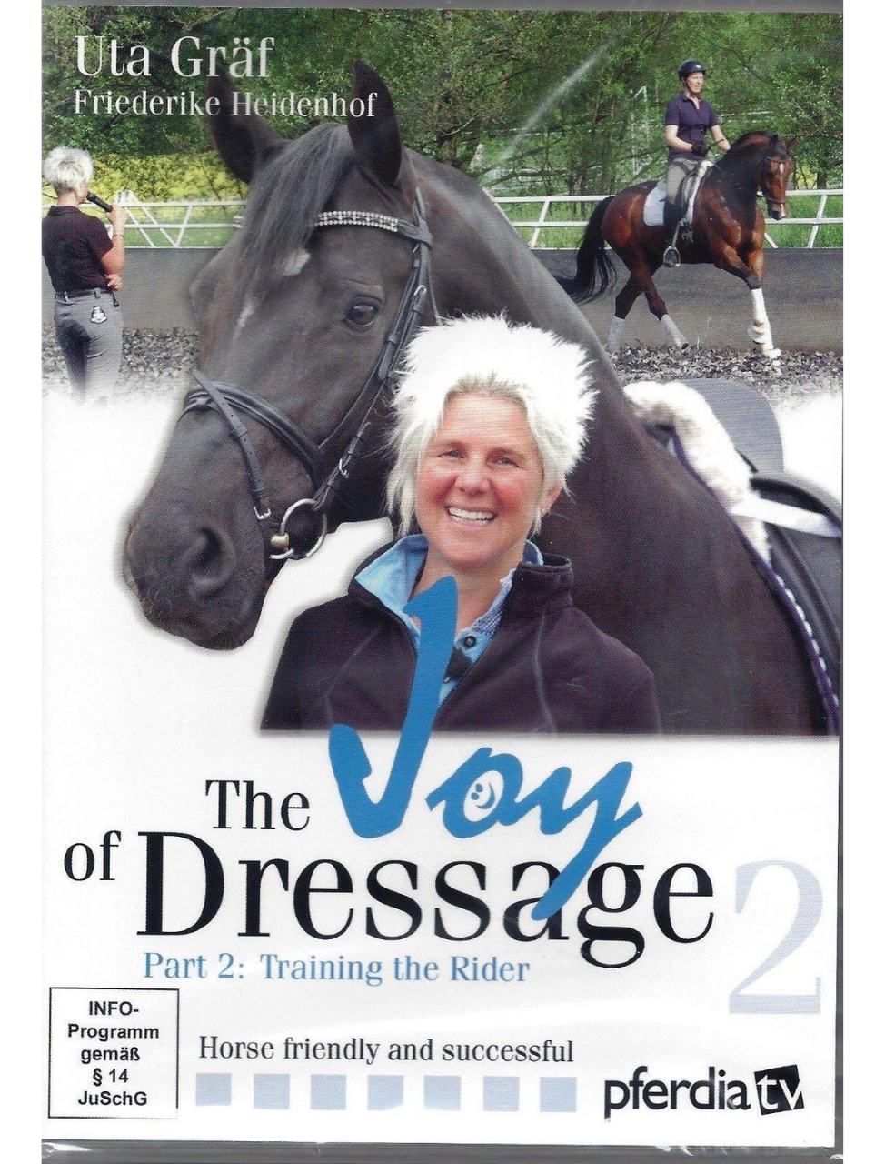 Cover of 'The Joy of Dressage Vol 2' featuring a woman with a horse, title text, and additional details about the DVD.