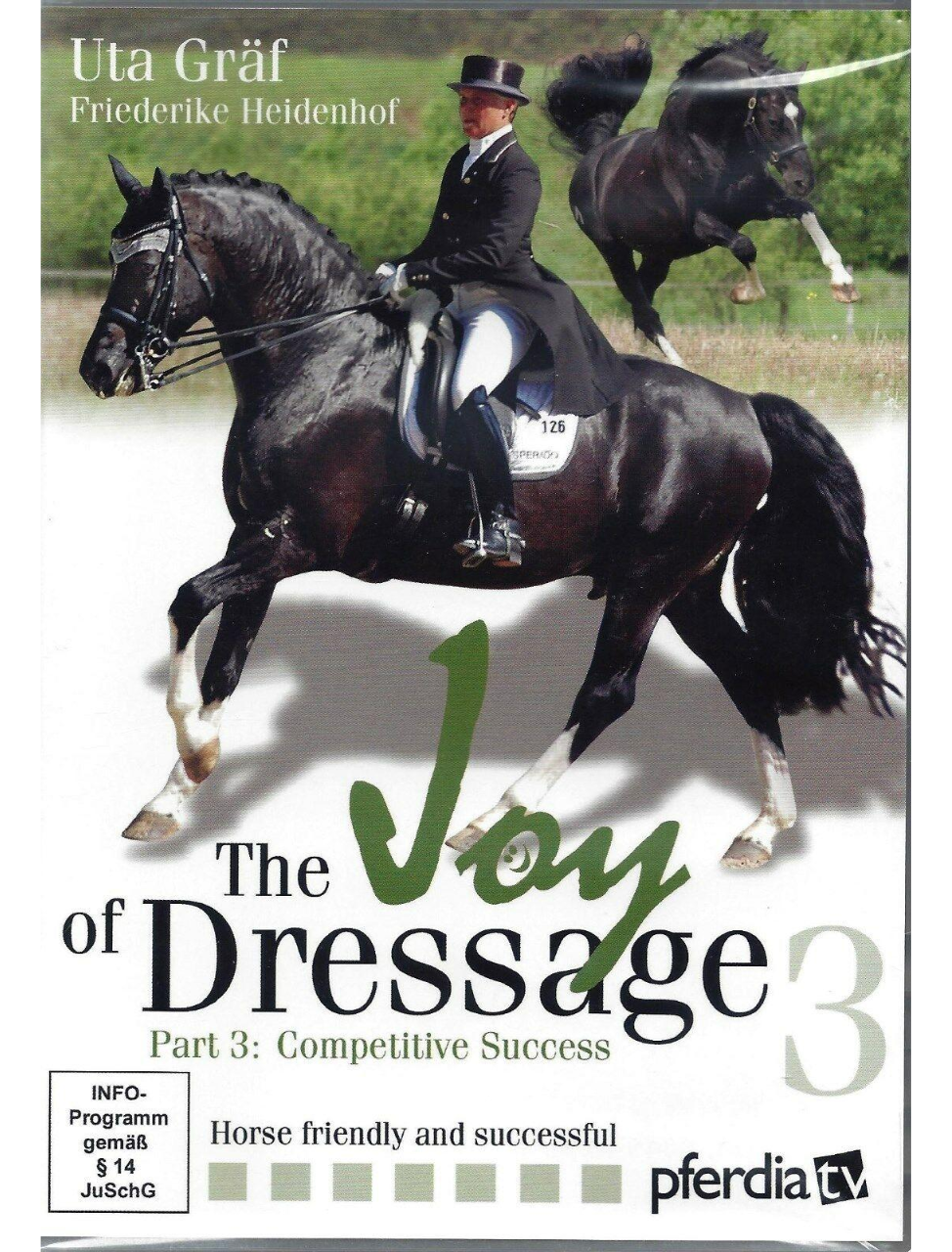 Cover of 'The Joy of Dressage Vol 3' featuring a rider on a black horse in motion, with the title and additional text overlay.