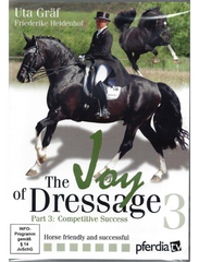 Cover of 'The Joy of Dressage Vol 3' featuring a rider on a black horse in motion, with the title and additional text overlay.