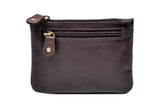 A closed dark brown leather three zip purse
