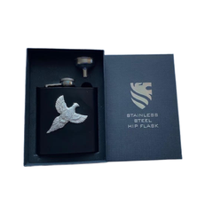 Black Pheasant Hip Flask in stainless steel.