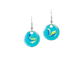 Turquoise earrings with a fish design on a white background