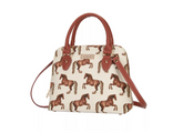 Handbag with horse pattern and brown handles on a white background
