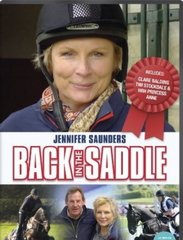 DVD cover for 'Back in the Saddle' featuring images of Jennifer Saunders in equestrian gear, and other individuals involved in equestrian sports.