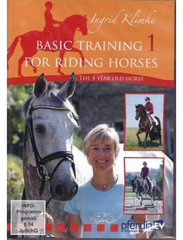 Cover of the DVD 'BASIC TRAINING FOR RIDING HORSES VOL 1' featuring a woman with a horse, with images of other horses and riders in action in the background.