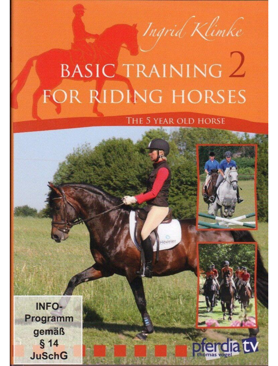 Cover of 'Basic Training for Riding Horses Vol 2' featuring an image of a rider on a horse with text and additional images of horses and riders in different settings.