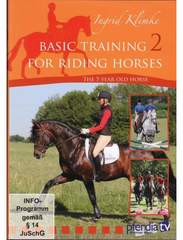 Cover of 'Basic Training for Riding Horses Vol 2' featuring an image of a rider on a horse with text and additional images of horses and riders in different settings.