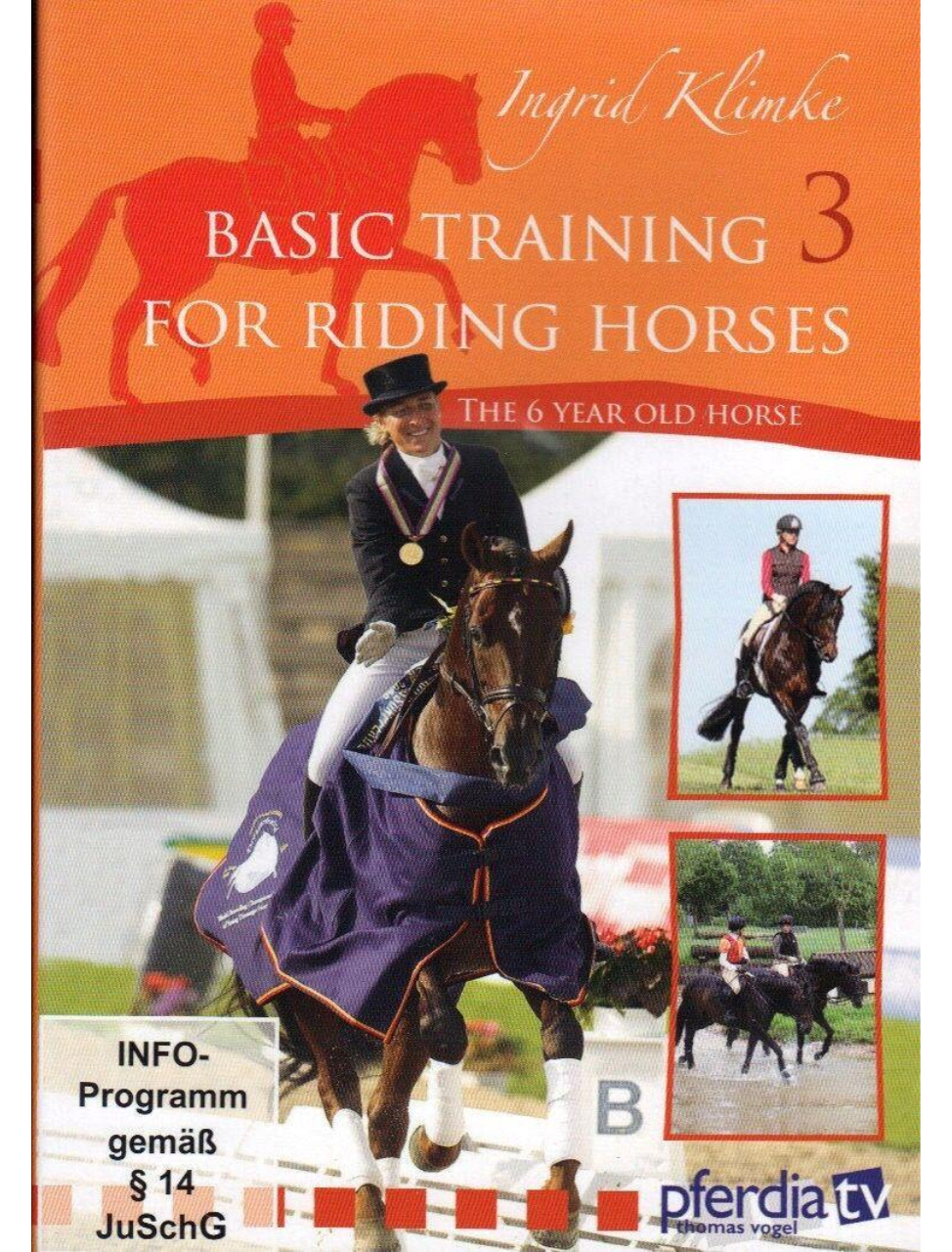 Cover of the DVD 'BASIC TRAINING FOR RIDING HORSES VOL 3' featuring an image of a rider on a horse, with additional images of horses in motion.