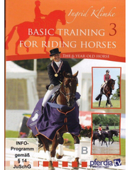 Cover of the DVD 'BASIC TRAINING FOR RIDING HORSES VOL 3' featuring an image of a rider on a horse, with additional images of horses in motion.