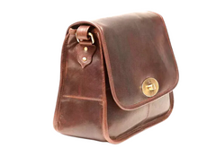 Brown leather bag with gold buckle on a white background
