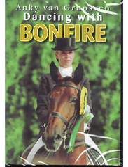 A cover DVD of 'Dancing with BONFIRE' by ANKY VAN GRUNSVEN featuring a photo of a rider on a horse with a green and black background.