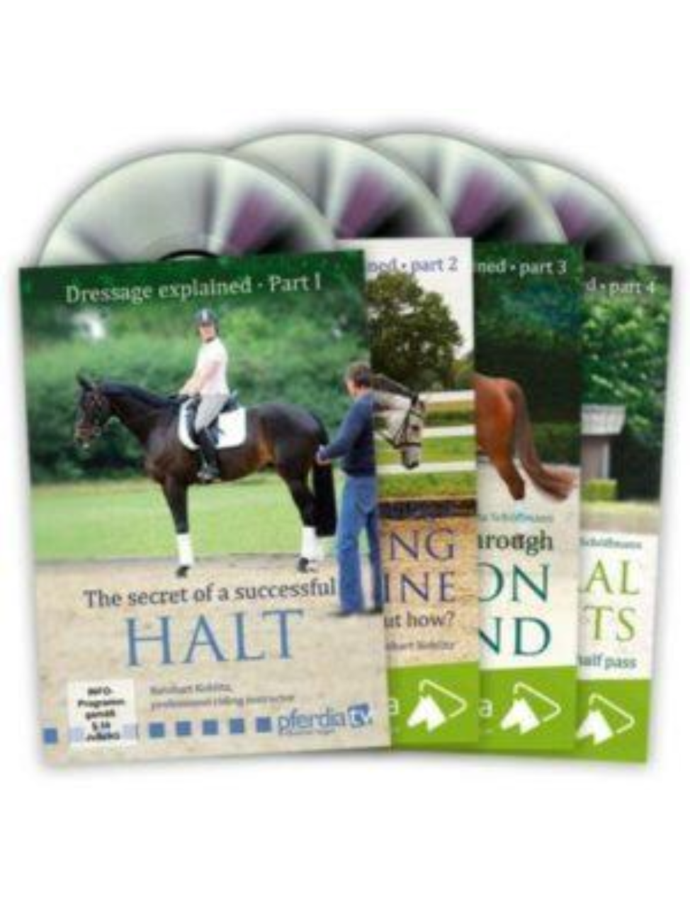 Cover of a DVD titled 'DRESSAGE EXPLAINED VOL 1-THE SECRET TO A SUCCESSFUL HALT' featuring an image of a horse and rider.