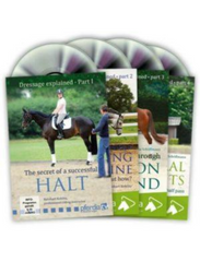 Cover of a DVD titled 'DRESSAGE EXPLAINED VOL 1-THE SECRET TO A SUCCESSFUL HALT' featuring an image of a horse and rider.