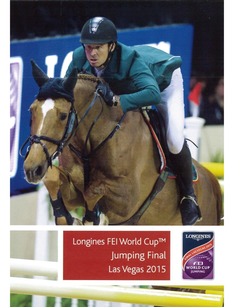 A rider on a horse in jumping gear, with the text 'Longines FEI World Cup Jumpsing Final Las Vegas 2015' displayed.
