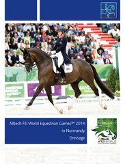 A cover image of a DVD titled 'Alltech FEI World Equestrian Games—2014 in Normandy Dressage'. It features a photograph of a horse and rider in mid-motion, with a background of a dressage competition arena.