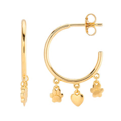 A pair of gold hoop earrings with charms in the shape of a paw print and a heart, designed for pet lovers.