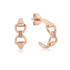 A pair of rose gold vermeil hoop earrings with cubic zirconia stones, designed to resemble a snaffle bit.