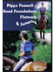 Cover of the product showing two images. One image shows a person riding a horse in a grassy field with the title 'Pippa Funnell - Good Foundations Flatwork & Jumping' above.