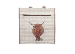 Handbag with a highland cow design on a white background