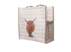 Jute bag with a highland cow design on a white background
