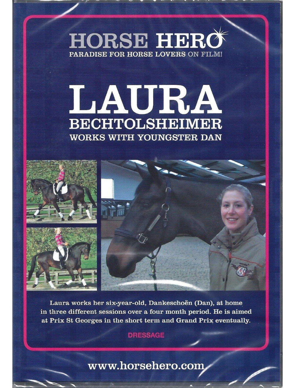 DVD cover featuring images of a woman named Laura with a horse, and text detailing the content of the DVD which includes training sessions with a six-year-old horse over a four-month period.