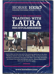 Cover of a DVD titled 'TRAINING WITH LAURA BECHTOLSMER' featuring images of a horse and rider in motion, with a blue and purple color scheme.